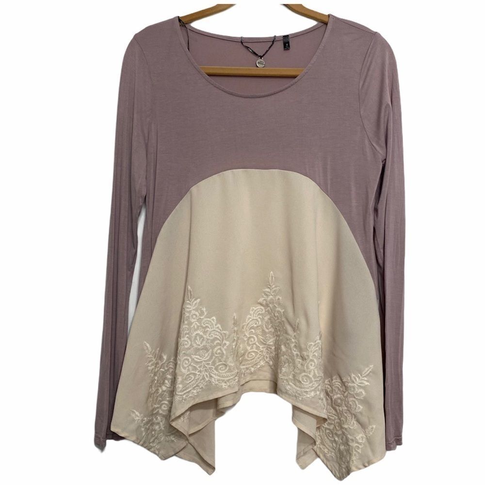 BKE Pink & Cream Contrasting Handkerchief Hem Top Womens S
